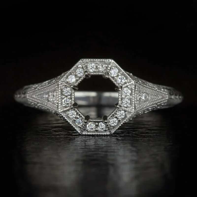 ethical engagement rings -ART DECO DIAMOND ROUND SEMI MOUNT ENGAGEMENT RING VINTAGE STYLE HALO FILIGREE 14