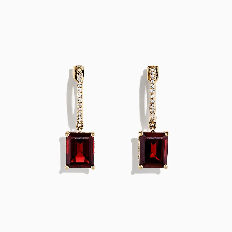 ladies earrings 1950s-Bordeaux 14K Yellow Gold Garnet and Diamond Earrings, 6.04 TCW