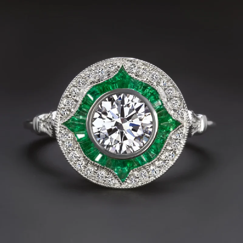 tension set engagement rings -1 CARAT LAB CREATED DIAMOND EMERALD ENGAGEMENT RING CERTIFIED HALO VINTAGE STYLE