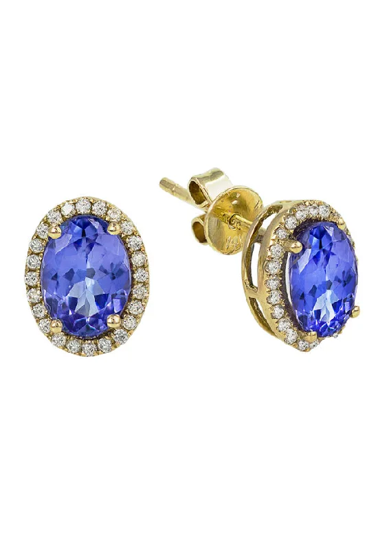 ladies earrings birthstone-14K Yellow Gold Tanzanite & Diamond Earrings, 2.20 TCW