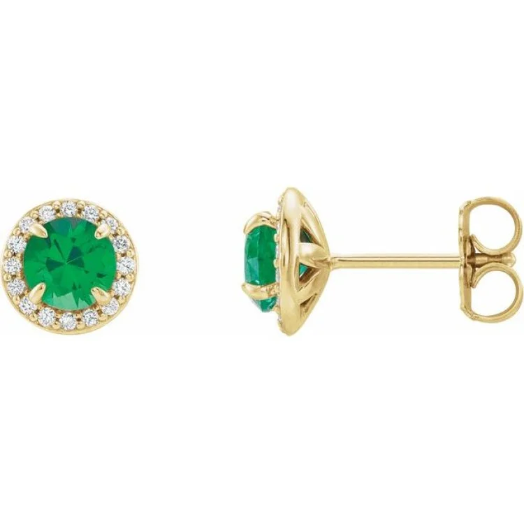 ladies earrings lightweight design-14K Yellow 3.5 mm Lab-Grown Emerald & 1/8 CTW Natural Diamond Earrings