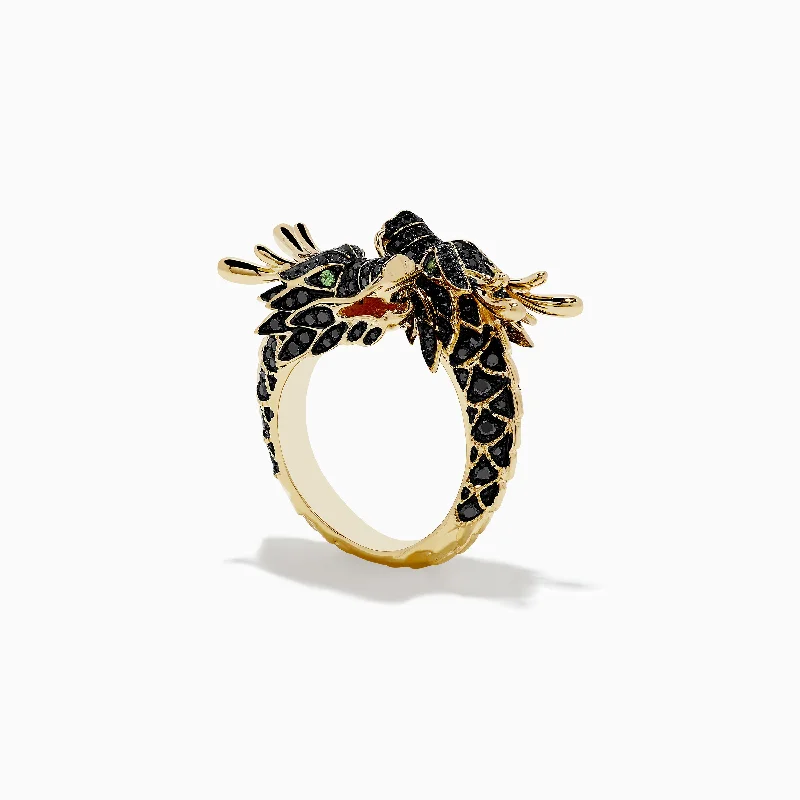 ladies rings butterfly-Safari 14K Yellow Gold Black Diamond Double Headed Dragon Ring