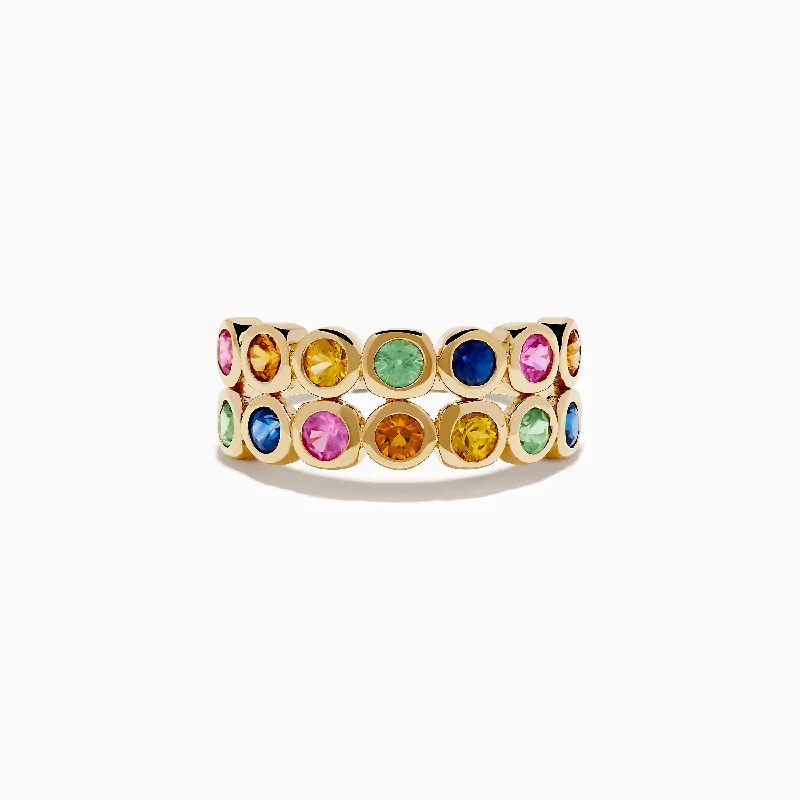 ladies rings joy-Watercolors 14K Yellow Gold Multi Sapphire Double Row Band Ring