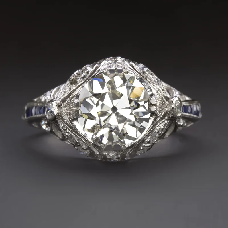 delicate engagement rings -ART DECO VINTAGE DIAMOND ENGAGEMENT RING 2ct OLD EUROPEAN CUT PLATINUM SAPPHIRE