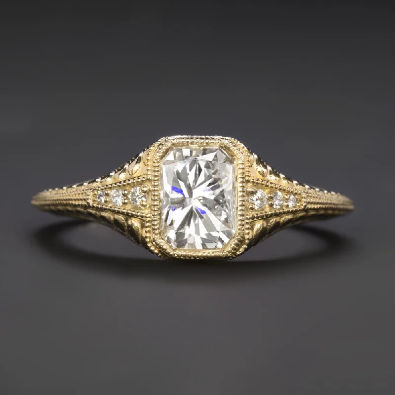 custom engagement rings -1 CARAT DIAMOND ENGAGEMENT RING RADIANT CUT VINTAGE STYLE 14k YELLOW GOLD BEZEL