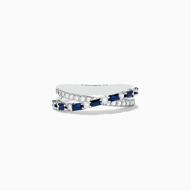 ladies rings clearance-Royale Bleu 14K White Gold Blue Sapphire and Diamond Crossover Ring