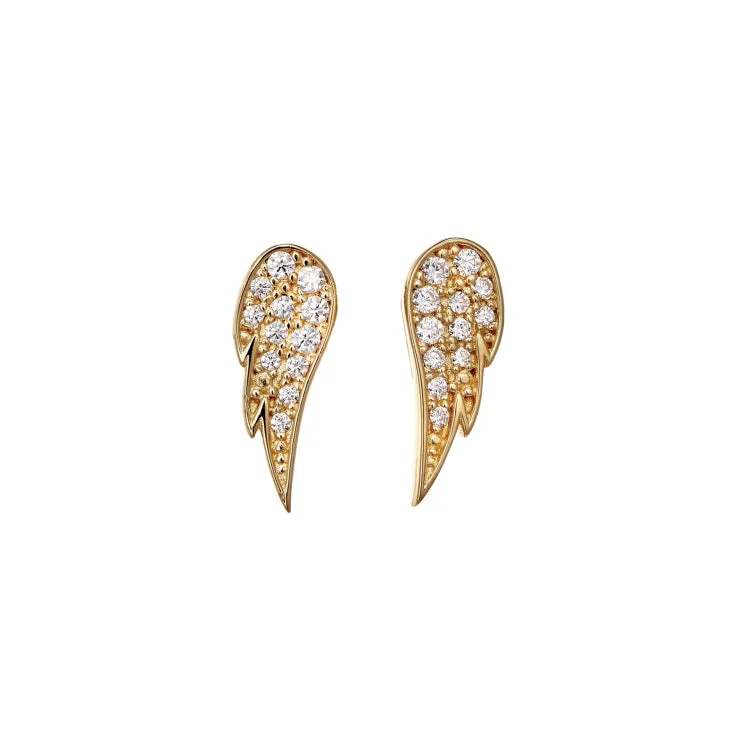 ladies earrings chakra-Gold Finish Sterling Silver Micropave Angel Wing Earrings with Simmulated Diamonds