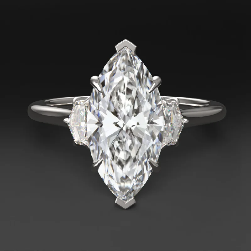 bridal set engagement rings -2ct LAB CREATED DIAMOND ENGAGEMENT RING 3 STONE MARQUISE CADILLAC CUT WHITE GOLD