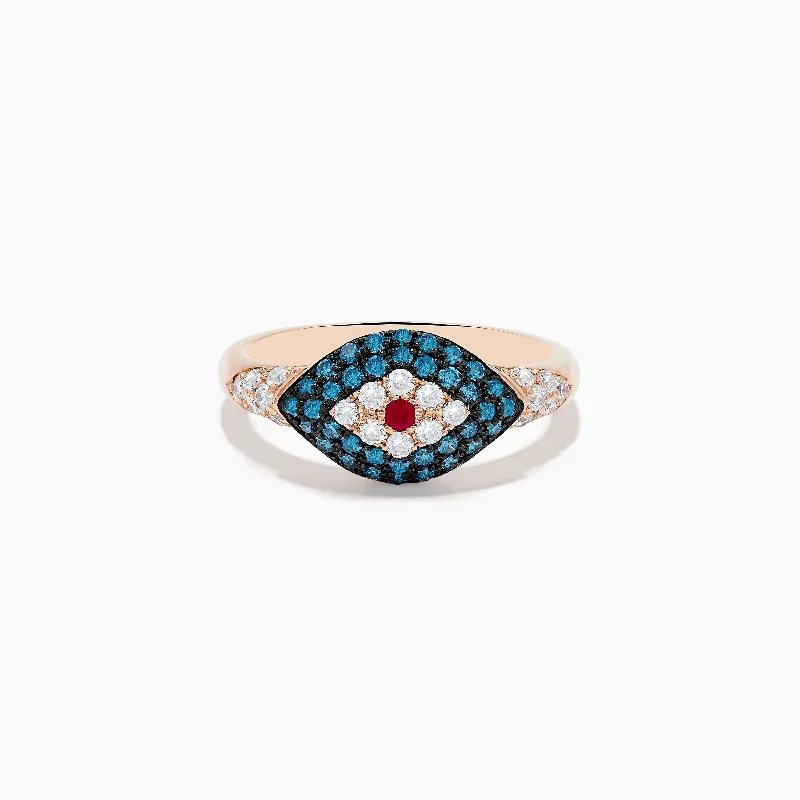 ladies rings anniversary-Novelty 14K Rose Gold Blue Diamond and Ruby Evil Eye Ring