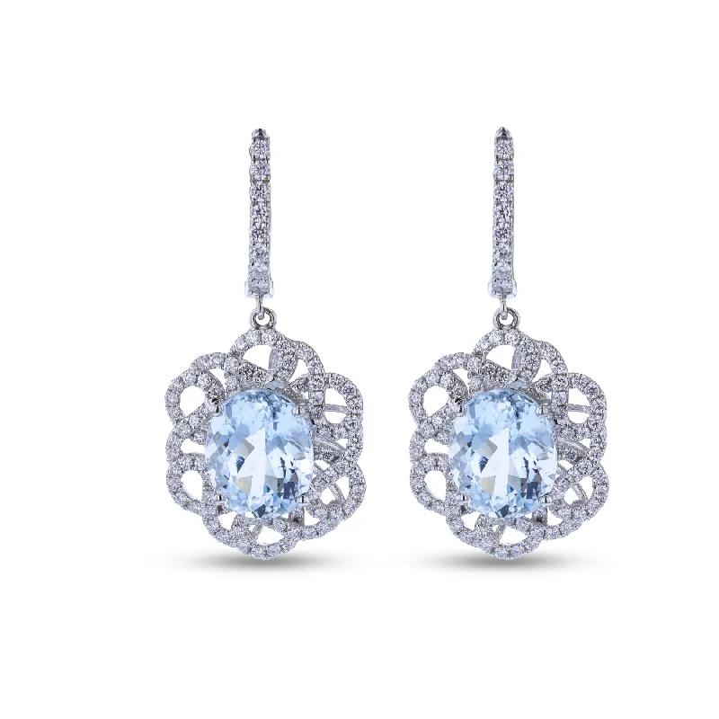 ladies earrings self gift-14KT WHITE GOLD 6.78CTW AQUAMARINE & 1.23CTW DIAMOND DROP EARRINGS