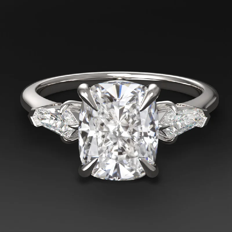 bezel set engagement rings -2ct LAB CREATED DIAMOND ENGAGEMENT RING 3 STONE CUSHION BULLET CUT WHITE GOLD