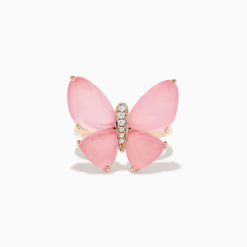 ladies rings ruby-Nature 14K Rose Gold Rose Quartz and Diamond Butterfly Ring