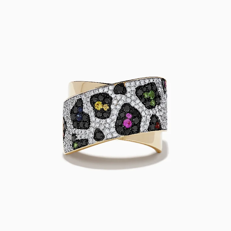 ladies rings gothic-Signature 14K Yellow Gold Multi Sapphire, Black and White Diamond Ring