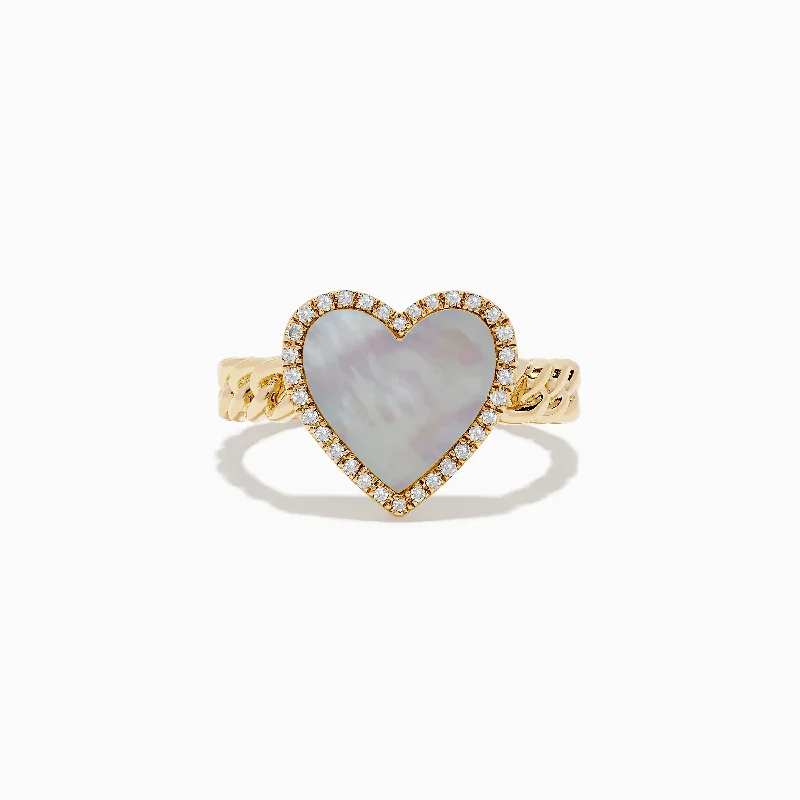 ladies rings smooth-Novelty 14K Yellow Gold Mother of Pearl and Diamond Heart Ring