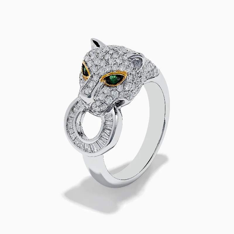 ladies rings designs-14k Signature White Gold Diamond & Emerald Panther Ring