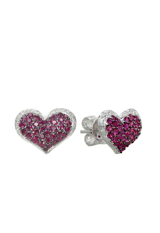 ladies earrings heart shaped-14K White Gold Ruby and Diamond Heart Earrings, 1.00 TCW