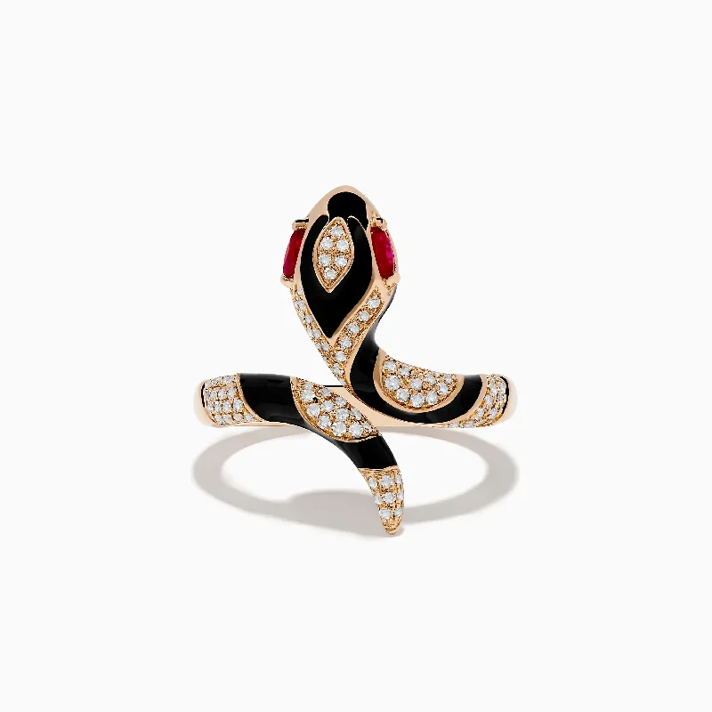 ladies rings amethyst-Safari 14K Rose Gold Ruby and Diamond with Black Enamel Snake Ring