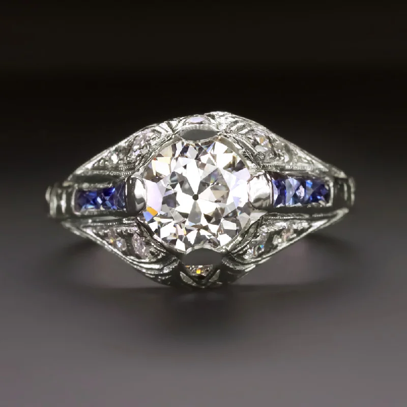 art nouveau engagement rings -1ct VINTAGE DIAMOND SAPPHIRE ENGAGEMENT RING GIA CERTIFIED G VS OLD EUROPEAN CUT