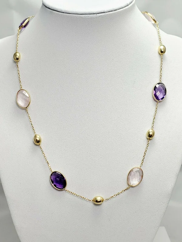 Ladies necklaces milestone shine -New! 18" 14k Gold Amethyst & Rose Quartz Necklace Italy