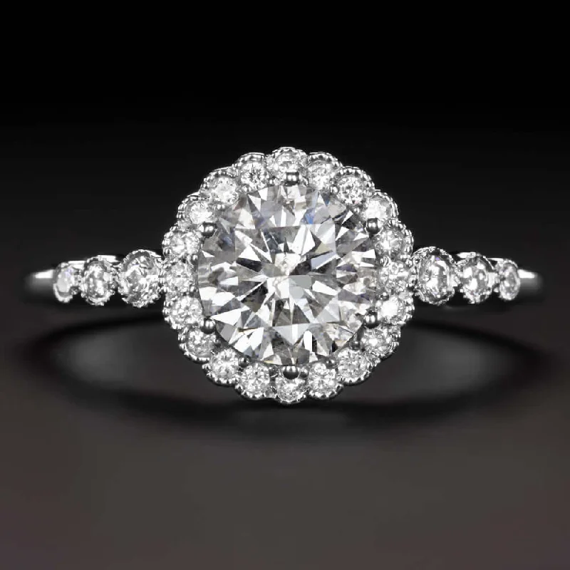 antique engagement rings -1 CARAT EXCELLENT CUT DIAMOND ENGAGEMENT RING VINTAGE STYLE HALO WHITE GOLD