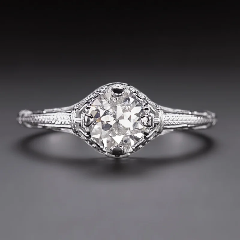 thin band engagement rings -3/4ct OLD CUT DIAMOND ENGAGEMENT RING VINTAGE STYLE 14k WHITE GOLD SOLITAIRE