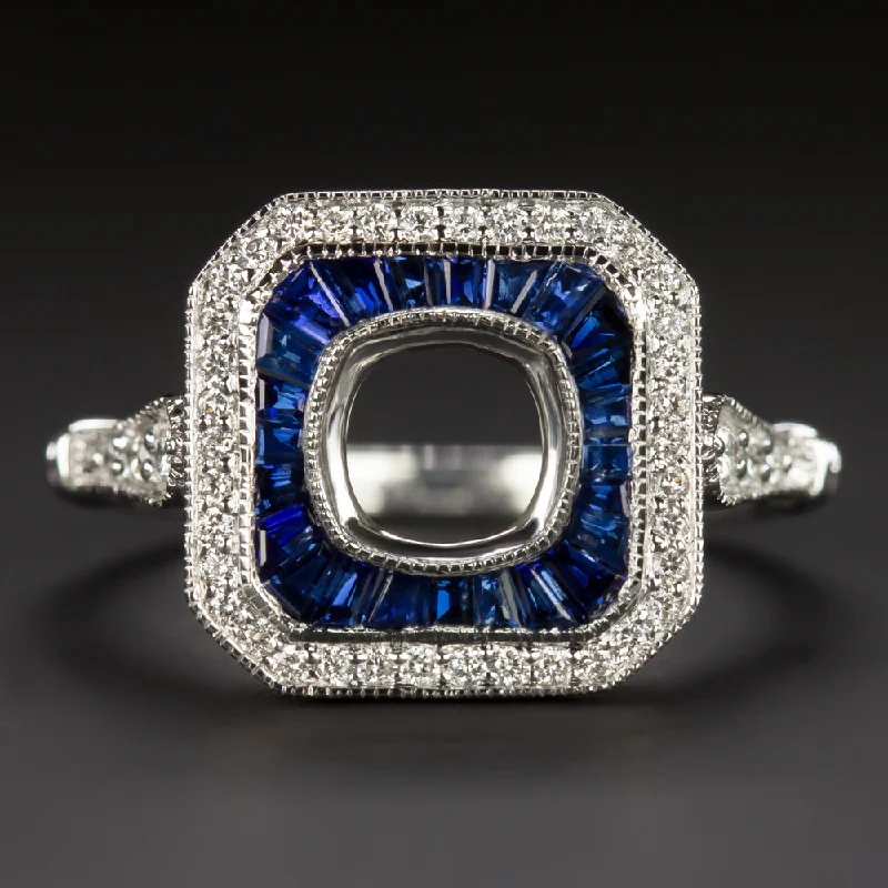 floral engagement rings -SAPPHIRE 5.5mm HALO ENGAGEMENT RING SETTING CUSHION ROUND SQUARE ART DECO STYLE