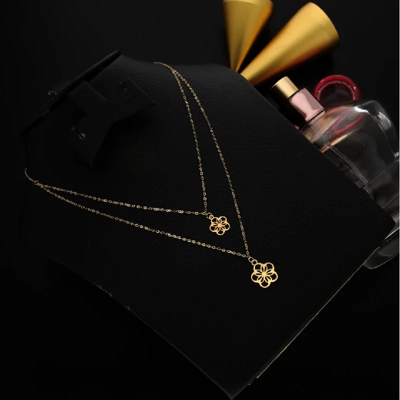 Ladies necklaces ray charm -Gold Double Layered Fancy Flower Shaped Necklace 21KT - FKJNKL21KM9794