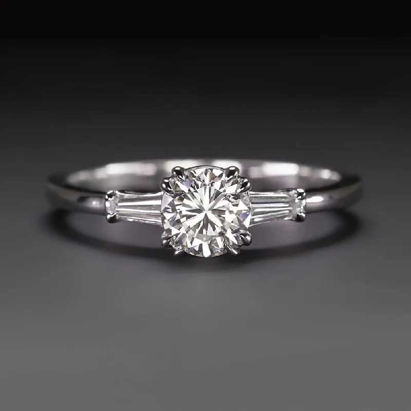 infinity band engagement rings -0.81ct DIAMOND ENGAGEMENT RING ROUND BRILLIANT CUT BAGUETTE 3 STONE WHITE GOLD