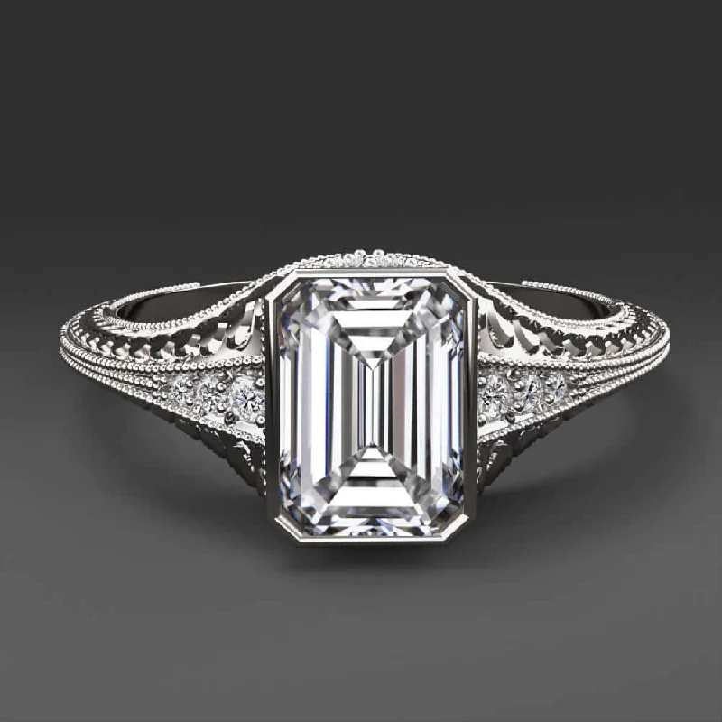 trillion cut engagement rings -1.5ct LAB CREATED DIAMOND ENGAGEMENT RING CERTIFIED F VS2 VINTAGE EMERALD CUT