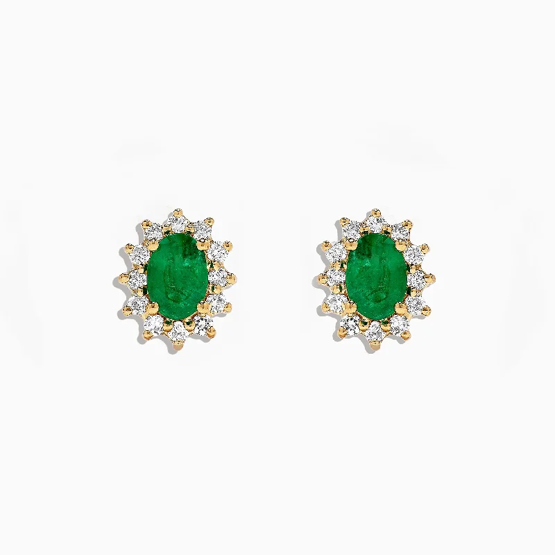 ladies earrings simple-Brasilica 14K Yellow Gold Emerald and Diamond Stud Earrings, 1.99 TCW