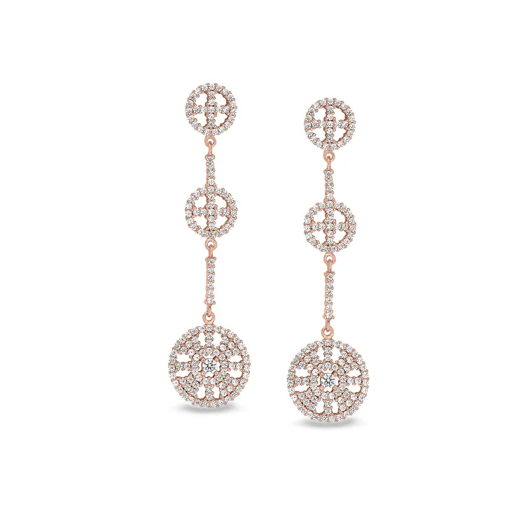 ladies earrings summer-Rose Gold Finish Sterling Silver Micropave Three Circle Drop Earrings with Simulated Diamonds