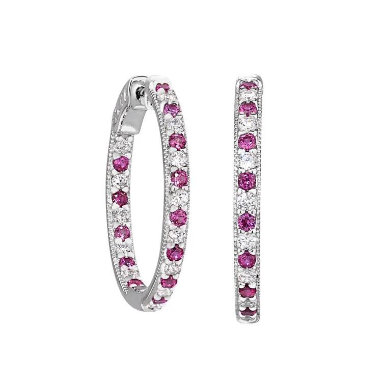 ladies earrings love-Platinum Finish Sterling Silver Micropave Hoop Earrings with Simulated Rubies and Simulated  Diamonds