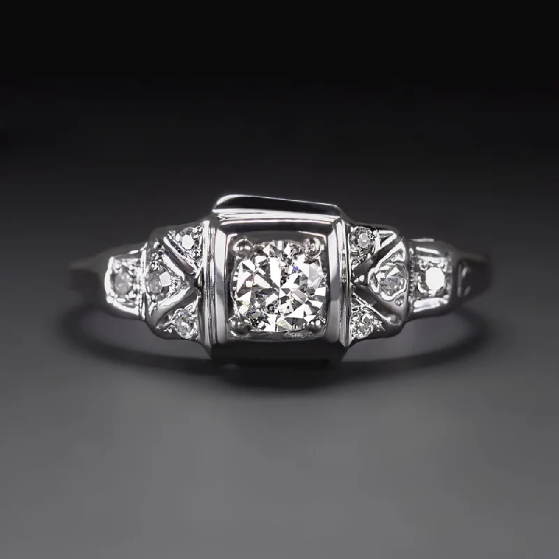 unique engagement rings -ART DECO DIAMOND COCKTAIL RING 14k WHITE GOLD OLD TRANS CUT VINTAGE ENGAGEMENT