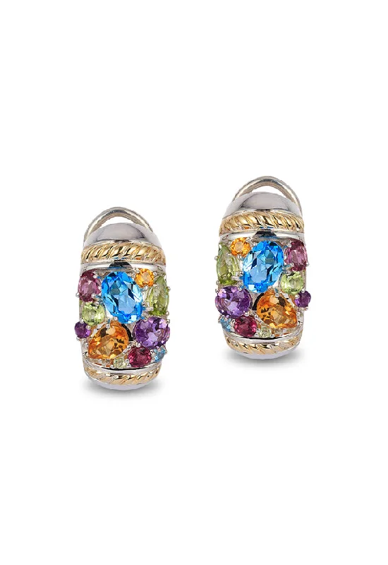 ladies earrings symmetrical-925 Sterling Silver & 18K Gold Multi Gemstone Earrings, 4.70 TCW