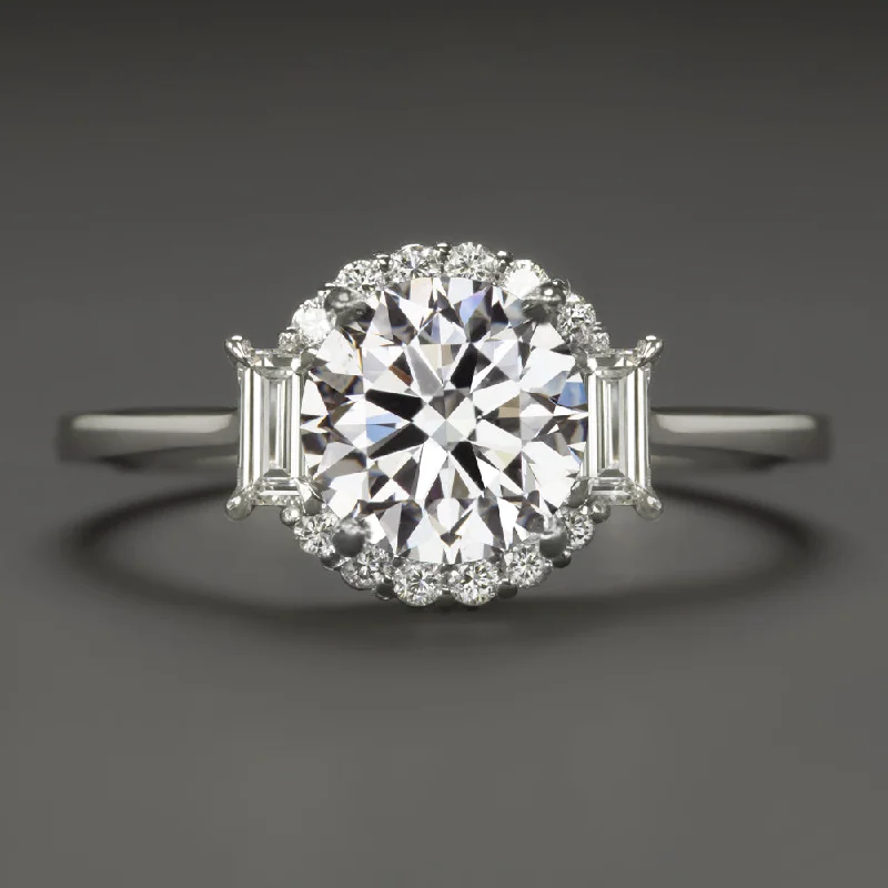 petite engagement rings -1.5ct GIA CERTIFIED J SI1 DIAMOND ENGAGEMENT RING ROUND CUT HALO BAGUETTE ACCENT