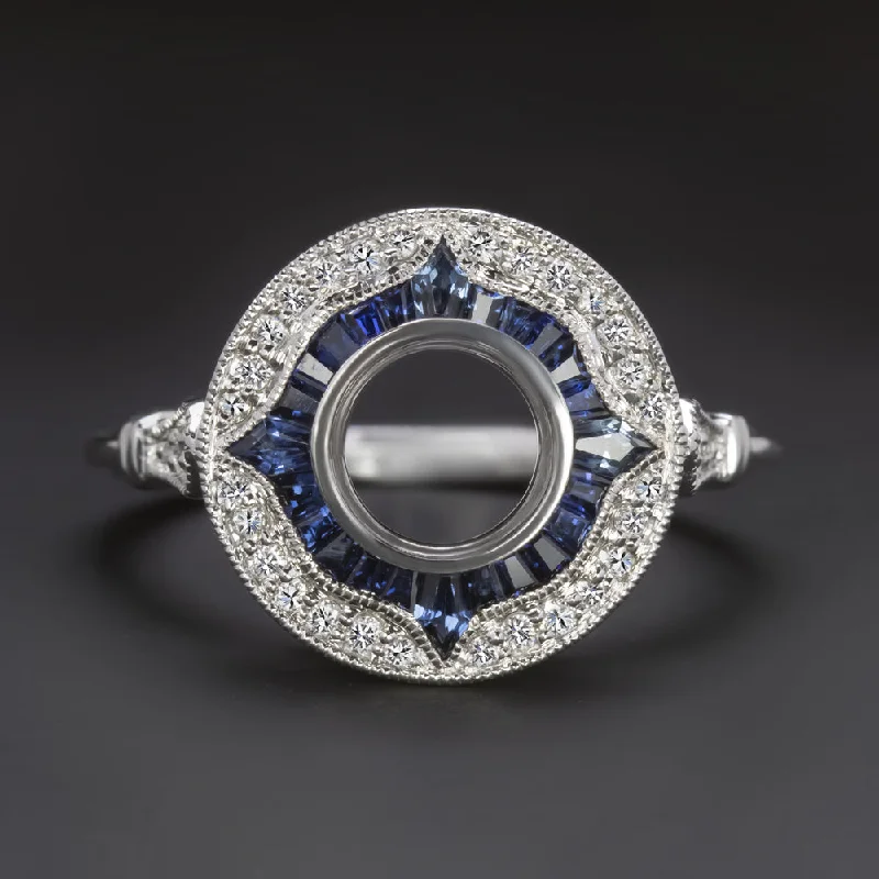 heart-shaped engagement rings -SAPPHIRE DIAMOND 6.5mm ROUND ENGAGEMENT RING SETTING VINTAGE STYLE HALO TARGET