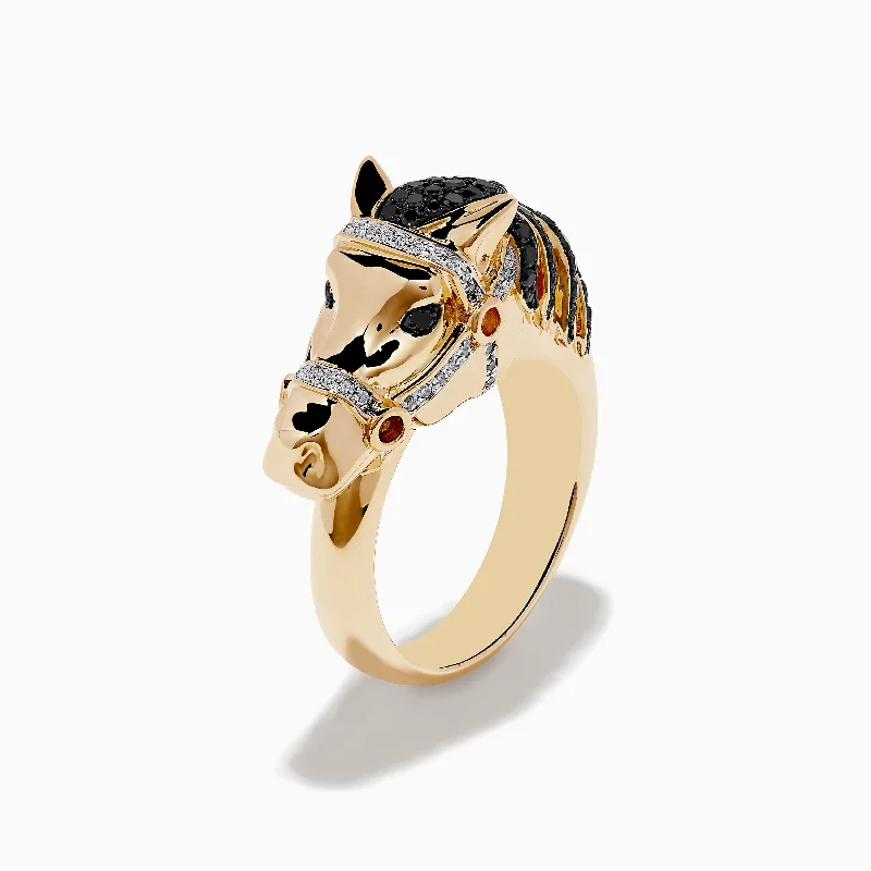 ladies rings nickel free-Safari 14K Yellow Gold Black Diamond Horse Ring