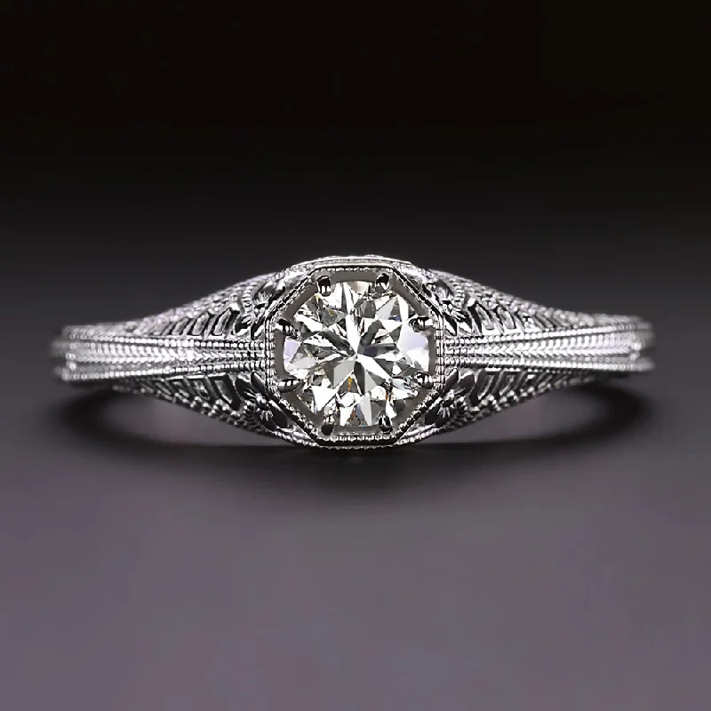 classic engagement rings -VINTAGE STYLE DIAMOND ENGAGEMENT RING WHITE GOLD SOLITAIRE FILIGREE ROUND CUT