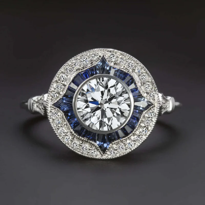 fair trade engagement rings -1ct LAB CREATED DIAMOND SAPPHIRE ENGAGEMENT RING CERTIFIED HALO VINTAGE STYLE