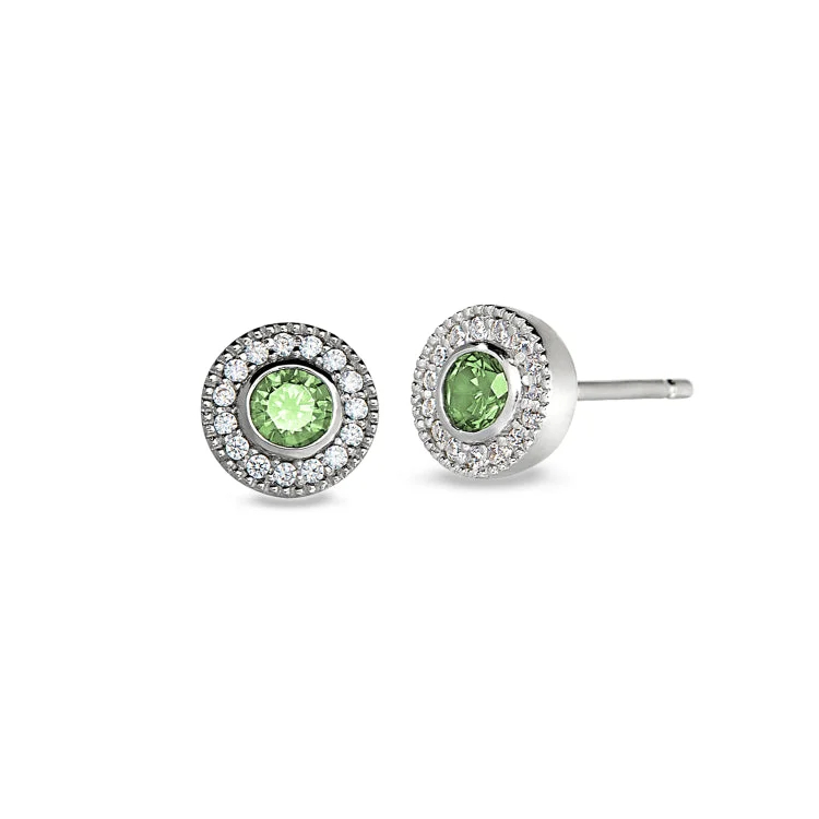 ladies earrings layered-Platinum Finish Sterling Silver Micropave Round Simulated Peridot Earrings with Simulated Diamonds