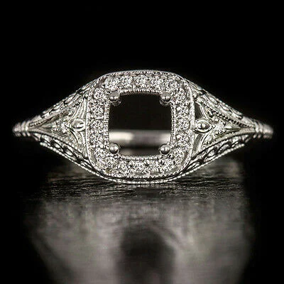 emerald cut solitaire engagement rings -VINTAGE STYLE DIAMOND RING SETTING CUSHION ROUND ENGAGEMENT COCKTAIL FILIGREE