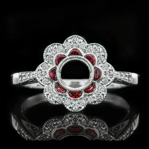 twisted band engagement rings -VINTAGE NATURAL RUBY DIAMOND DOUBLE HALO MOUNTING ROUND ENGAGEMENT RING SETTING