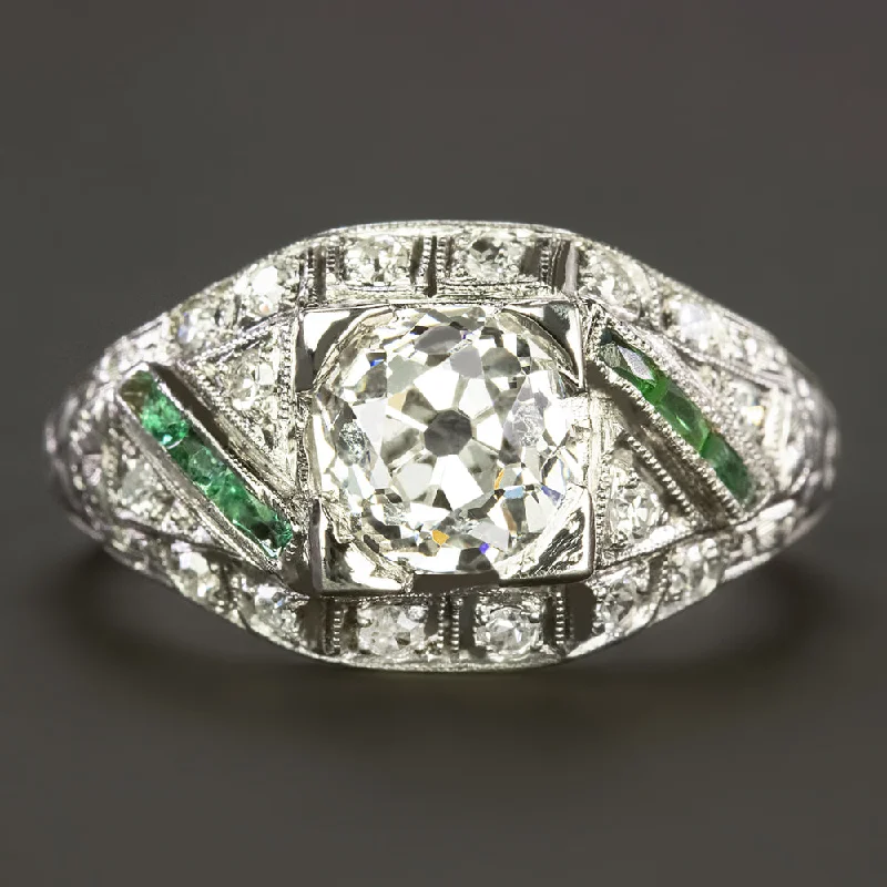 matching engagement rings -VINTAGE DIAMOND ENGAGEMENT RING 1.30ct GIA CERT OLD MINE CUT PLATINUM EMERALD