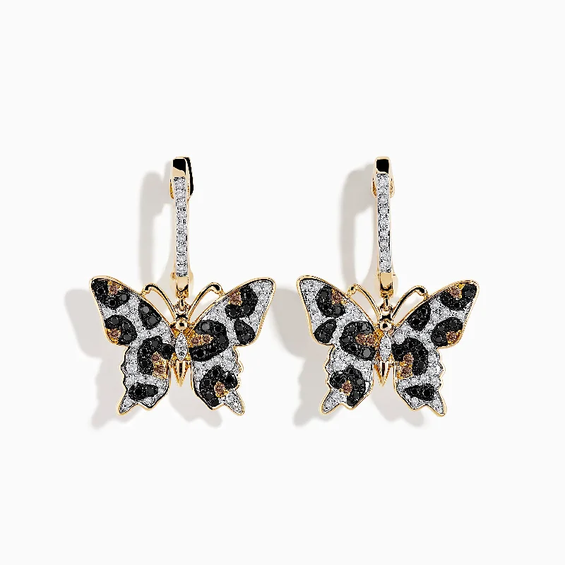 ladies earrings pre owned-14K Yellow Gold Black, Espresso, and White Diamond Butterfly Earrings