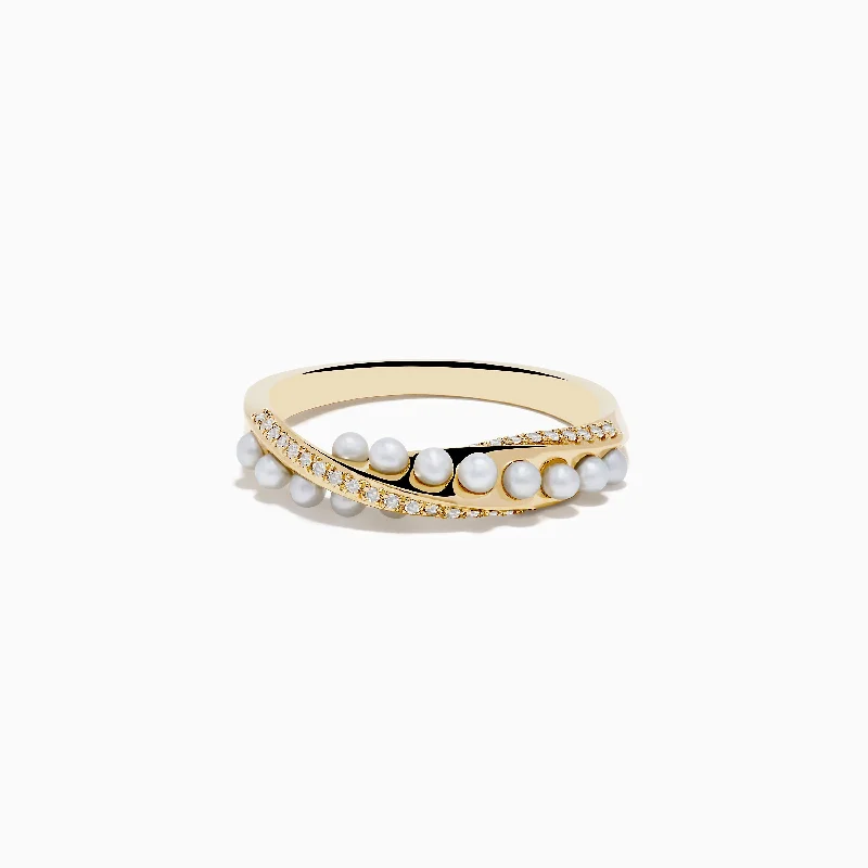 ladies rings wave-14K Yellow Gold Fresh Water Pearl and Diamond Ring