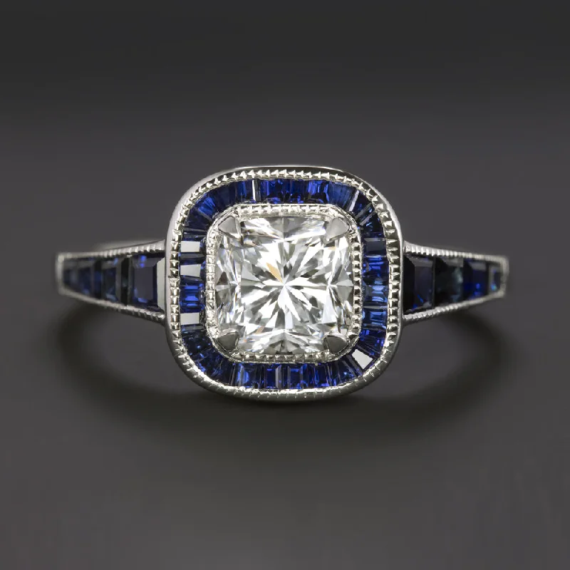 bridal set engagement rings -1 CARAT DIAMOND SAPPHIRE ENGAGEMENT RING VINTAGE STYLE CALIBRE HALO CUSHION CUT