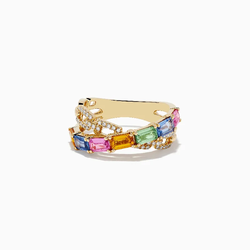 ladies rings engagement-Watercolors 14K Yellow Gold Multi Sapphire and Diamond Crossover Ring