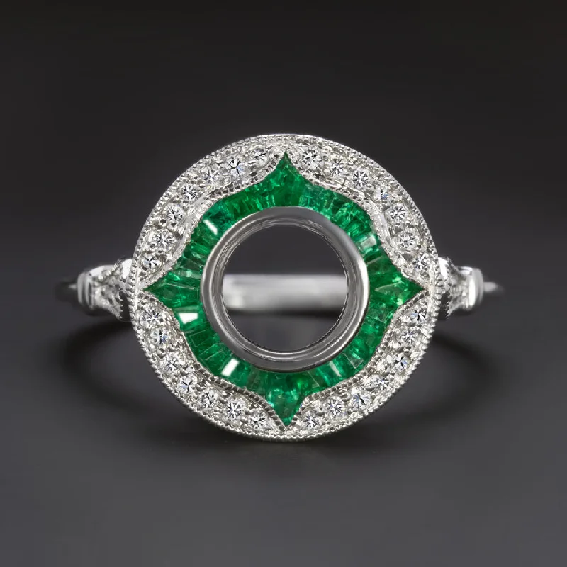 geometric engagement rings -EMERALD DIAMOND 6.5mm ROUND ENGAGEMENT RING SETTING VINTAGE STYLE HALO TARGET