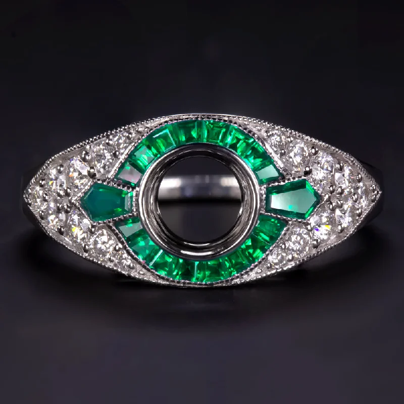 double band engagement rings -EMERALD DIAMOND ENGAGEMENT RING SETTING .75ct ROUND VINTAGE ART DECO BEZEL MOUNT