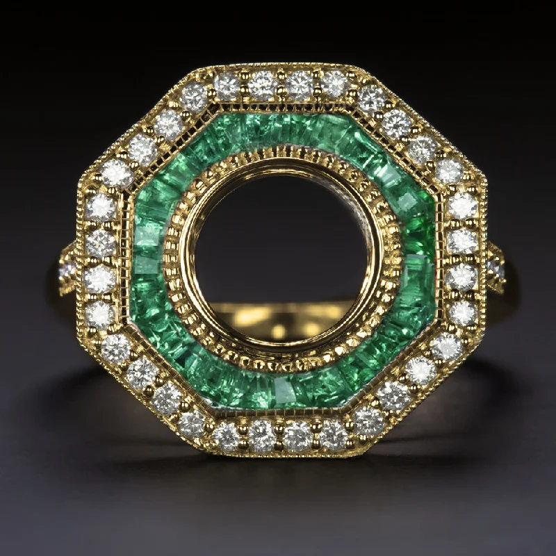 Edwardian engagement rings -EMERALD DIAMOND RING SETTING ROUND VINTAGE STYLE ENGAGEMENT ART DECO SEMI MOUNT